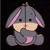 Animated gray donkey with pink inner ears and belly, covering its mouth with one arm against a black background.