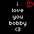 Pixelated text and symbols on black background with red heart symbol above 'i love you bobby <3' in white pixel font.