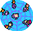 Animated sequence showing a cartoon character with pink hair using a computer, transitioning from multiple small icons to close-up views against a blue web-patterned background.