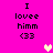 Pixelated text 'I lovee himm <33' on bright pink background with two heart symbols, one yellow and one light pink.