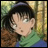 A 48x48 pixel buddy icon featuring a split composition with an anime-style character on the left and text elements on the right against a black background.