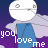 A 5x5 contact sheet of a pixel art animation featuring a white stick figure with blue torso and purple wings repeating the phrase "you love me" on a dark purple background, with small heart symbols scattered throughout.