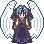 Pixel art angel with blue hair and white wings, wearing a dark purple dress over yellow sleeves, standing against gray background.