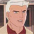 Pixelated cartoon-style icon of a character with white hair, light skin, and a red collared shirt, set against a blurred background with dark vertical shapes.