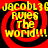 Four identical red and black spiral patterns with yellow text reading "JACOBL36 RULES THE WORLD!!!" arranged in a on a black background