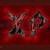 A static image with a red background featuring two indistinct figures in motion, rendered with heavy pixelation and low resolution.