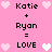 Pixel art on pink background shows text 'Katie + Ryan = LOVE' with heart symbols, two versions of the same design side-by-side.