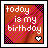 Pixelated square image with red and pink gradient background, white text reading 'today is my birthday', black border, two pixel-art hearts in corners.