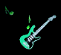Animated electric guitar with green and white coloring, surrounded by floating musical notes on a black background.