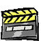 Two pixelated clapperboard icons side-by-side, one closed with yellow-and-black striped top and gray body, the other open showing same striped top flipped upward.