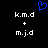 Blue pixelated heart symbol above white text 'k.m.d' and 'm.j.d' with a plus sign between them on black background.