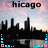 A city skyline silhouette at dusk with 'Chicago' text above, framed by cyan and pink pixel borders that shift across frames.