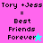 Pixelated text 'Tory +Jess = Best Friends Forever' on four colored backgrounds with star icons.