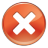Circular orange icon with white X symbol at center, rendered in pixelated style on gray background.