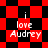 Red and black checkered background with white text "i love Audrey" repeated across four distinct patterns