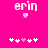 Pixelated pink background with white text 'erin' and a small heart, below which are five pixel hearts in alternating white and light pink.