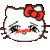 Pixelated white cat face with red bow, black eyes, and pink blush; brown outline on gray background.
