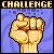 Pixel art icon showing a raised fist with 'CHALLENGE' text above on a blue background with pixelated squares.