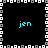 A static pixel art image with four identical cyan 'jen' text instances arranged in a on a black background, bordered by a white and gray pixelated frame