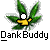 Pixelated static icon featuring a yellow stick figure with white head and black outline standing on green cannabis leaves, below which is pixelated text reading "DankBuddy" in bold black-and-white lettering.