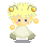 Pixelated character with blonde hair and golden orbs, wearing white dress with green hem, in multiple poses showing arm and eye position changes.