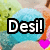Animated icon shows a blue round character with a smiling face, pink heart, and green background elements, with text changing from 'Desi!' to 'Desi' then disappearing.