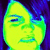 Pixelated face with closed eyes, green and blue color scheme on dark background.