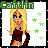 Pixel art icon of a blonde woman with blue eyes in a dark red crop top, standing against white background with green stars and 'Caitlin' text above.