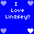 Blue background with white and light purple pixel hearts surrounding repeated text "I Love Lindsey!!" in a pattern