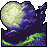Pixelated icon shows a large pale yellow moon with blue-purple gradient edges against dark purple background, green pixel clusters at bottom right.