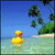 Pixelated beach scene with yellow rubber duck in water, palm trees on shore under blue sky.
