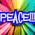A colorful pixelated flower with rainbow petals and a green center, featuring blue text reading "PEACE!!" in the top-left corner.