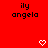 Red background with black pixelated text 'ily angela' and white heart symbols in two positions.