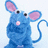 Blue cartoon mouse with pink inner ears, black eyes, and a pink nose on light blue background.