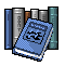 Pixelated bookshelf with three distinct books in blue, yellow, and brown tones, each with a central symbol on the cover.