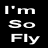 Pixel art contact sheet showing four frames of an animated character in orange outfit with white trim against black background, featuring text "I'm So Fly" and visible body parts including legs, hips, and long dark hair.