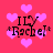 Pixelated pink background with scattered light pink hearts and four identical text blocks reading "ILY Rachel" in black font.