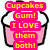 Pixelated pink cupcake with white frosting and a smiling face, featuring yellow text reading "Cupcakes Gum! I LOVE them both!" on the left side.
