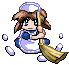 Pixel art character with brown hair and blue eyes holding a broom, wearing white apron over blue dress, surrounded by floating bubbles on gray background.