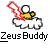 Pixelated static icon showing a yellow stick figure riding a cloud with a red lightning bolt, below which is the text "ZeusBuddy" in blocky font.