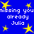 Blue background with yellow stars and repeated white text reading "missing you already Julia" in pixelated font.