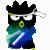 Pixelated cartoon character with black spiky hair, white headband, and yellow circular nose, wearing blue and green gradient outfit with white and blue stripes.