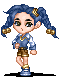 Pixel art character with blue pigtails and gold hair ties, wearing a light blue shirt, brown shorts, and blue shoes, shown in multiple poses.