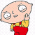 Pixelated cartoon character with large head, yellow shirt, red pants, and one raised hand against transparent background.