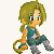 Pixel art character with light brown hair in a ponytail, blue eyes, and a teal sleeveless top with a white star, gray pants, and a long tail, shown in three walking poses.