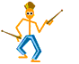Pixelated orange stick figure with brown hair and blue pants holding two drumsticks in alternating poses against white background.
