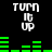 Pixelated text 'TURN IT UP' appears above green audio equalizer bars on a black background, with equalizer bars shifting between frames.