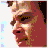 Six pixelated display a person's face in various expressions and angles, with one showing text