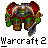 Pixelated character in red and green armor with a large weapon, standing against a gray background beneath "Warcraft 2" text.