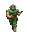 Pixelated character in green armor and helmet holding a rifle, shown in four sequential poses with varying leg positions and weapon angles.